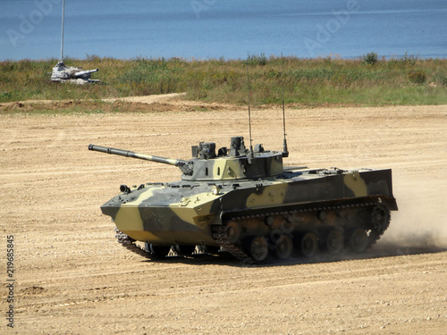 Alabino, Russia - August 25, 2018: Russian tracked combat vehicle landing BMD-4M in motion during combat training