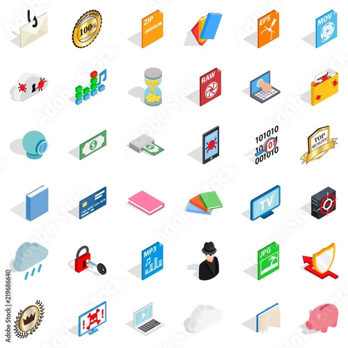 Type icons set. Isometric style of 36 type vector icons for web isolated on white background