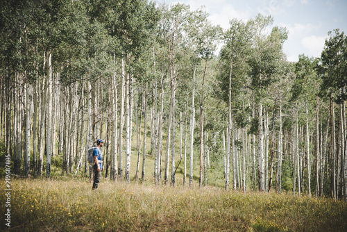 A man standing in a field by aspen trees near Vail, Colorado in the summer. 