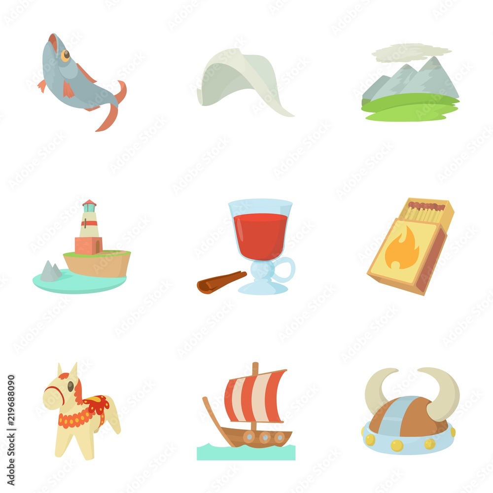 Scandinavian icons set. Cartoon set of 9 scandinavian vector icons for web isolated on white background