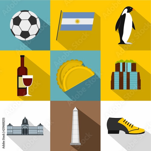Tourism in Argentina icon set. Flat style set of 9 tourism in Argentina vector icons for web design