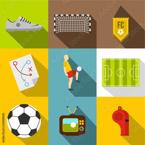 Football icon set. Flat style set of 9 football vector icons for web design