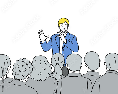 Man speaks to the audience hand drawn illustration