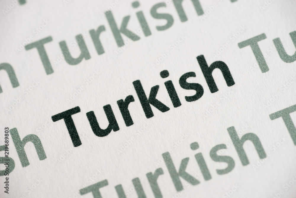 word Turkish language printed on paper macro