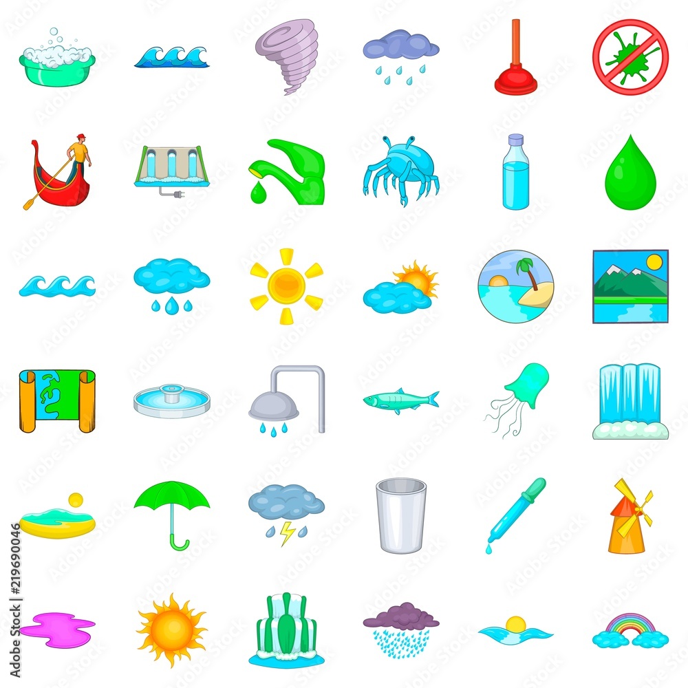 Water supply icons set. Cartoon style of 36 water supply vector icons for web isolated on white background Water supply icons set. Cartoon style of 36 water supply vector icons for web isolated on white background