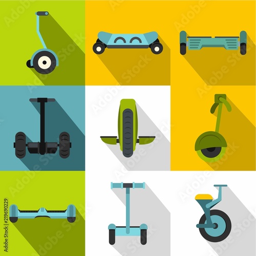 Electric scooter icon set. Flat style set of 9 electric scooter vector icons for web design