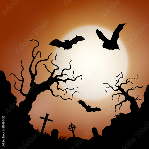 Scary vector haloween landscape with a graveyard and flying bats in full moon.