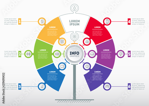 Business presentation concept with 6 or 7 options. Web Template of service tree, info chart or diagram. Vector infographic of technology or education process with 6 or 7 steps.