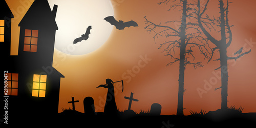Scary vector haloween landscape with haunted house  graveyard and a death with scythe in full moon.