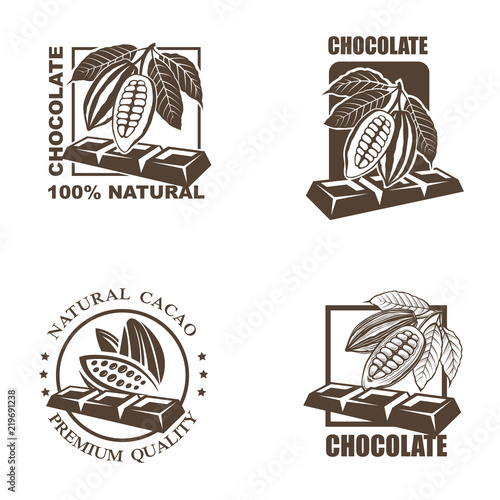 collection of labels with cocoa beans and chocolate