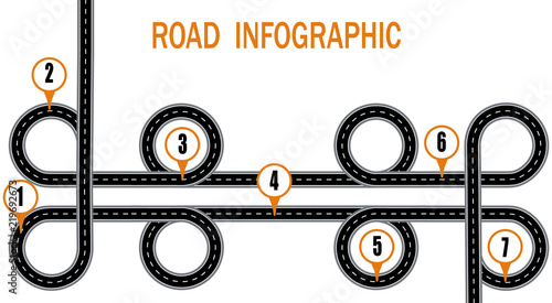 Infographics. A winding road and a circular motion with signs. The path specified by the navigator. illustration