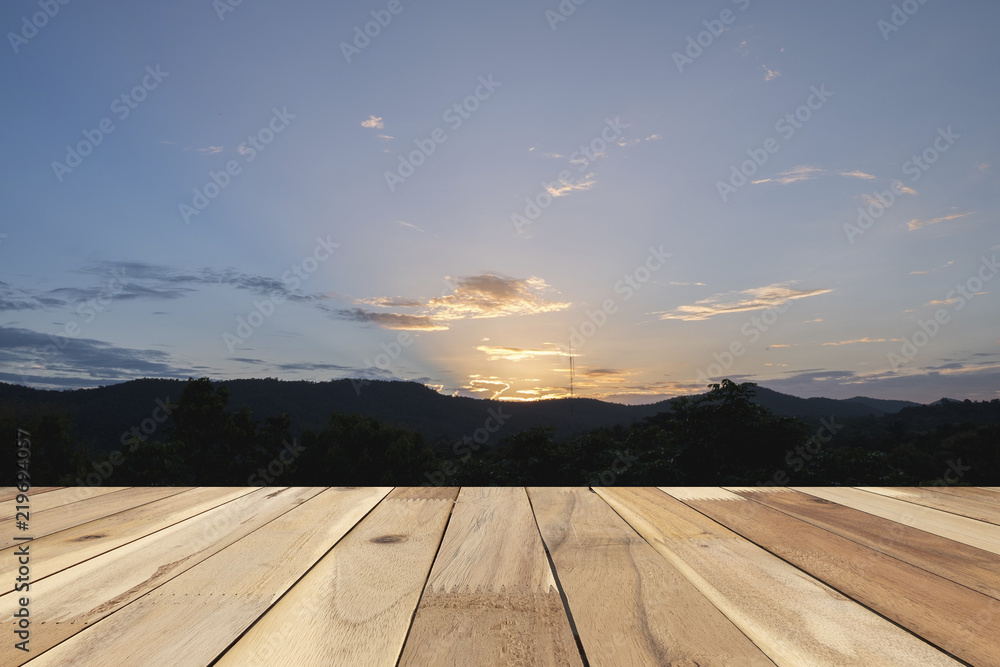 Empty wooden of brown on front sunset background , abstract background, template