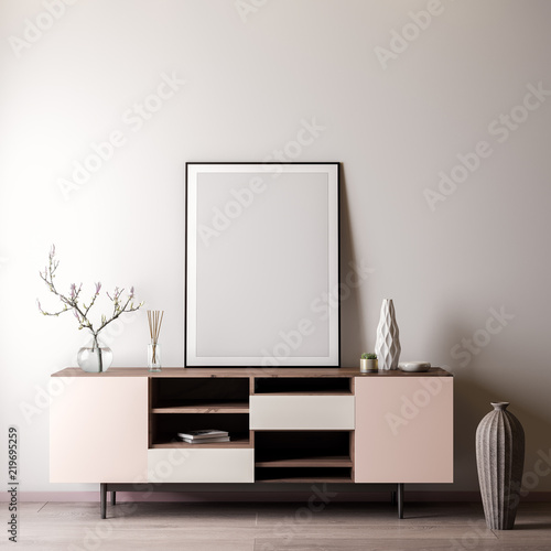 Mock up poster frame in Interior room with white wal  modern style  3D illustration