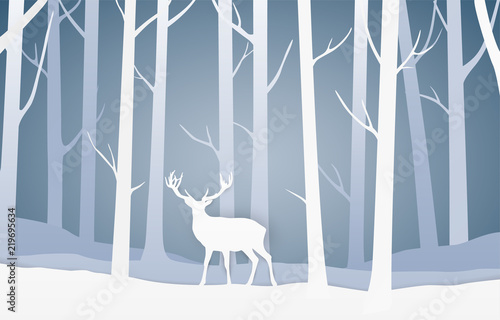Vector paper cut style landscape with winter forest and deer on blue background