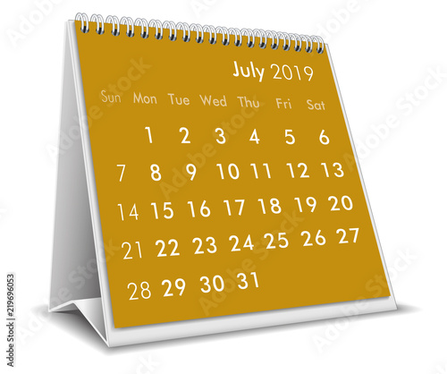 July  2019 3D desktop calendar in white background