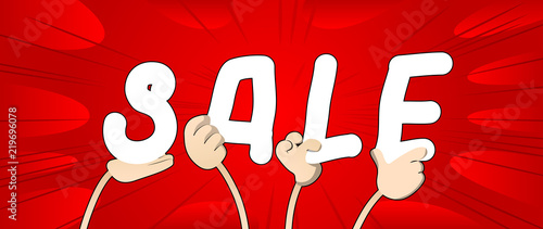 Diverse hands holding letters of the alphabet created the word Sale. Vector illustration.