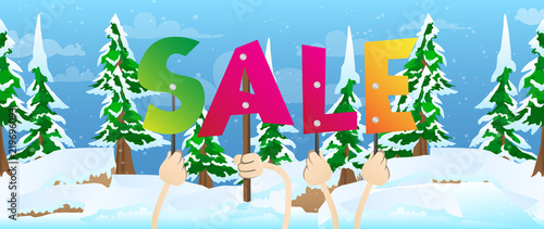 Diverse hands holding letters of the alphabet created the word Sale. Vector illustration.