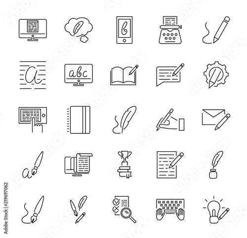 Creative copywriting vector illustration icon collection set. Black outlined basic elements that represents marketing, advertising and salesmanship with written word.