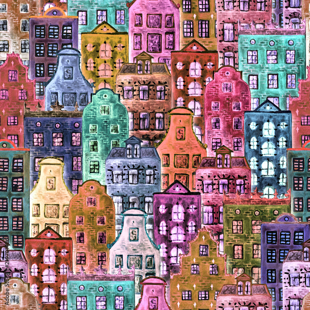 Obraz premium Seamless pattern of watercolor old europe houses