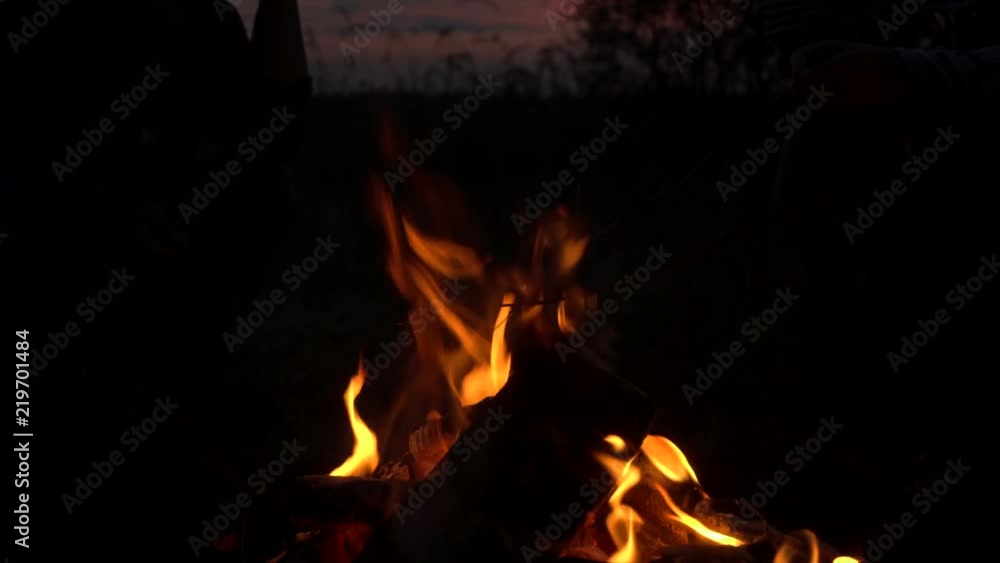 silhouette of children near the fire at sunset silhouette of children near the fire at sunset