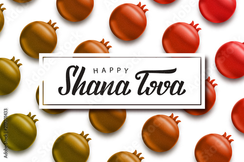 Vector realistic isolated greeting card with typography logo for Shana Tova for decoration and covering on the pomegranate background. Concept of Happy Rosh Hashanah.