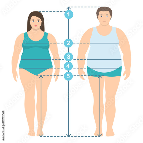 Flat style illistration of overweight man and women in full length with measurement lines of body parameters . Man and women clothes plus size measurements. Human body measurements and proportions.