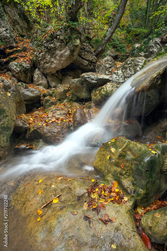 Mountain river in forest. Beautiful autumn landscape.