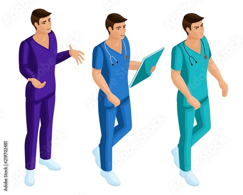 Isometrics of medical workers, 3d paramedic in medical clothes during work, set for illustrations