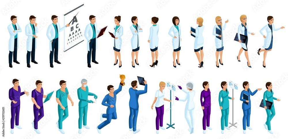 Isometry is a large set of characters of medical workers, 3D doctors, surgeons, nurse, male nurse, different movements and emotions for illustrations