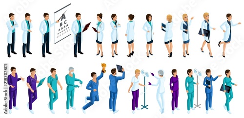 Isometry is a large set of characters of medical workers, 3D doctors, surgeons, nurse, male nurse, different movements and emotions for illustrations