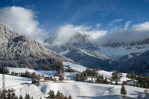 Mountain village in the snow in winter