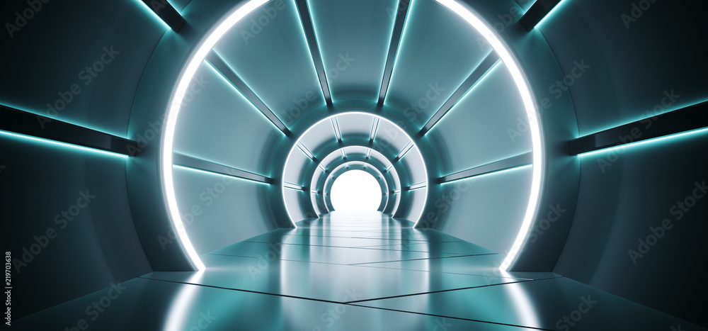 Fototapeta premium Sci-Fi Futurystyczny okrągły korytarz w kształcie cylindra z niebieskimi i białymi światłami LED świecącymi refleksami Niebieski materiał i biały koniec Statek kosmiczny Koncepcja technologii wnętrza Renderowanie 3D