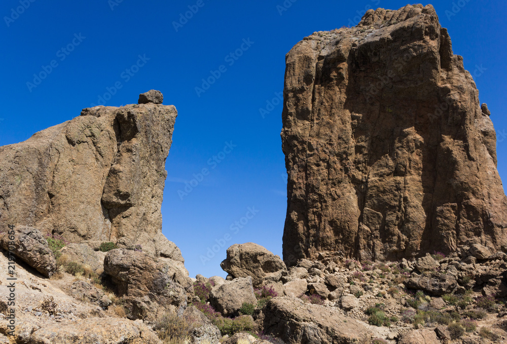 Roque Nublo monolith in Gran Canaria island, Spain. Popular landmark in Canary Islands. Rocky arid biosphere reserve. National park, adventure, tourism attraction, nature connection concepts