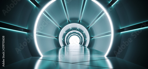 Fototapeta Naklejka Na Ścianę i Meble -  Sci-Fi Futuristic Round Cylinder Shaped Corridor With Led Blue And White Lights Glowing With Reflection Blue Material And White End Spaceship Interior Technology Concept 3D Rendering