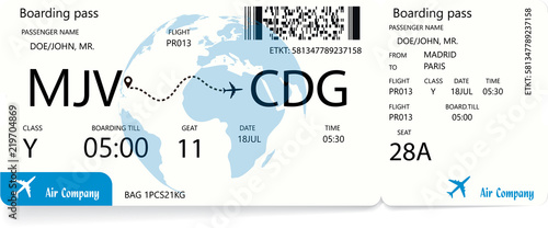 Blue boarding pass or airline ticket, traveler check template with globe silhouette on background. Travel or vacation concept