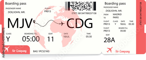 Red boarding pass. Airplane ticket isolated on white background. Vector illustration.