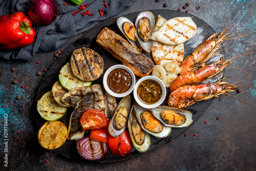 Seafood grilled on plate