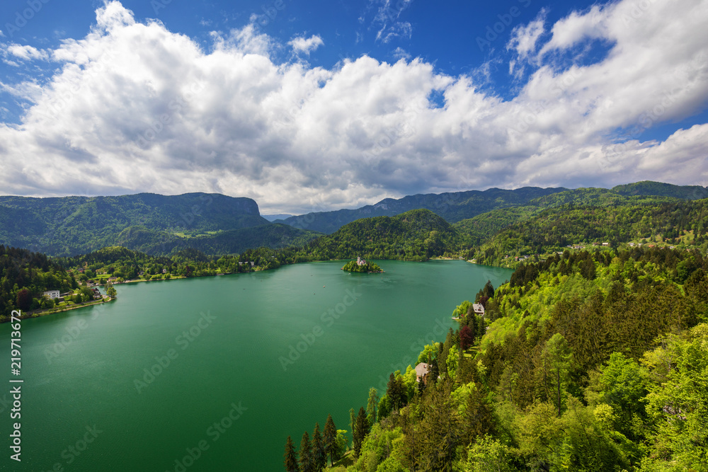 Lake Bled Slovenia. Beautiful mountain Bled lake with small Pilgrimage Church. Most famous Slovenian lake and island Bled with Pilgrimage Church of the Assumption of Maria. Bled, Slovenia.