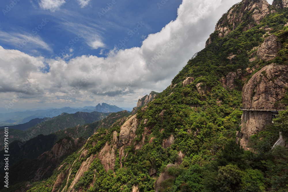 Sanqingshan, Mount Sanqing National Park - Yushan, Jiangxi Province, China. National Geopark and Sacred Taoist Mountain, UNESCO World Heritage. China Cliff Walk, walkway suspended along mountain cliff