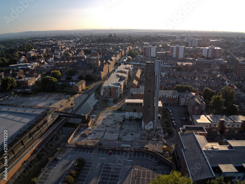 Aerial view, drone panorama of Chester city during sunset, old shot tower and steam mill area