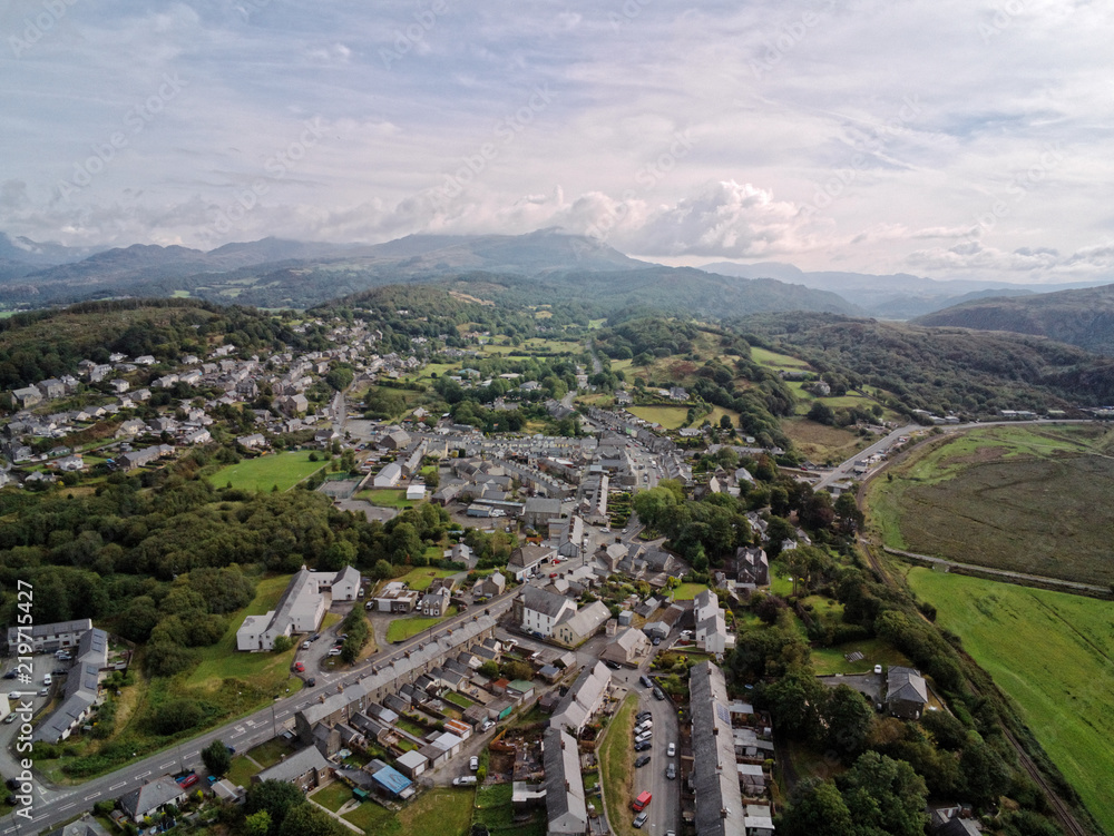 Aerial view, Drone panorama of Penrhyndeudraeth town in Snowdonia mountains in North Wales