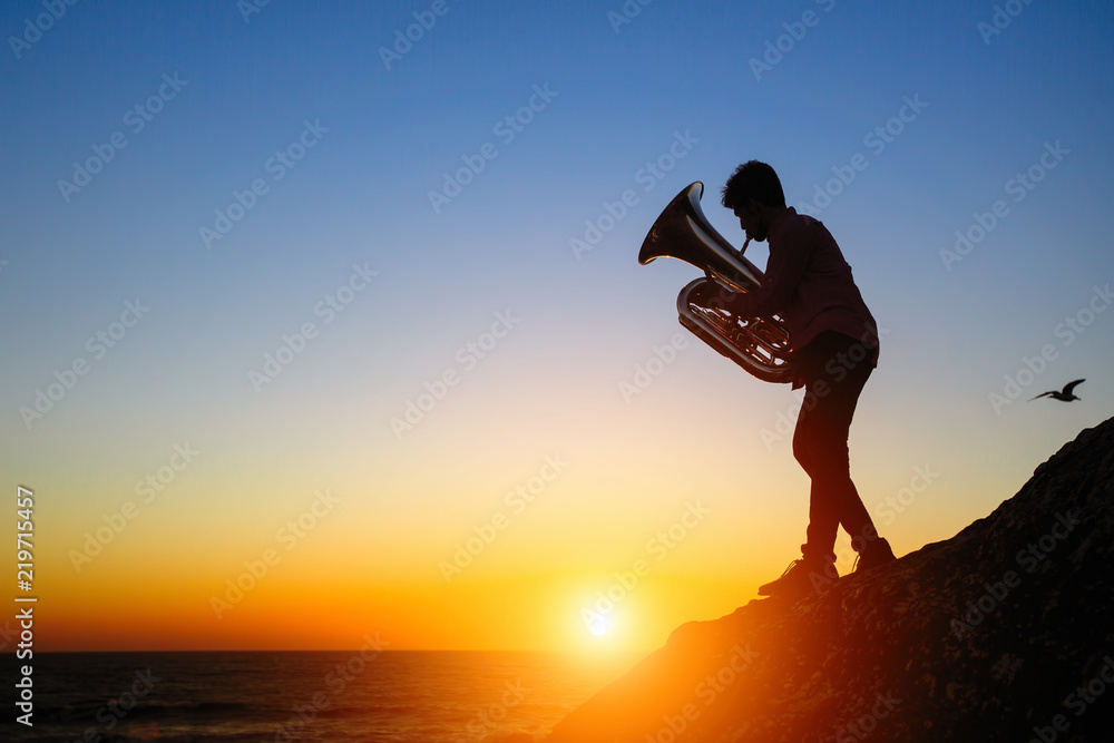 Fototapeta premium Silhouette of a musician play on Tuba on sea shore at sunset .