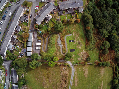 Aerial view, Drone panorama of Penrhyndeudraeth town in Snowdonia mountains in North Wales