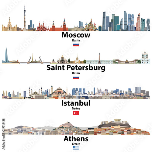 Moscow, Saint Petersburg, Istanbul and Athens cityscapes. Flags of Russia, Turkey and Greece. Vector high detailed illustrations photo