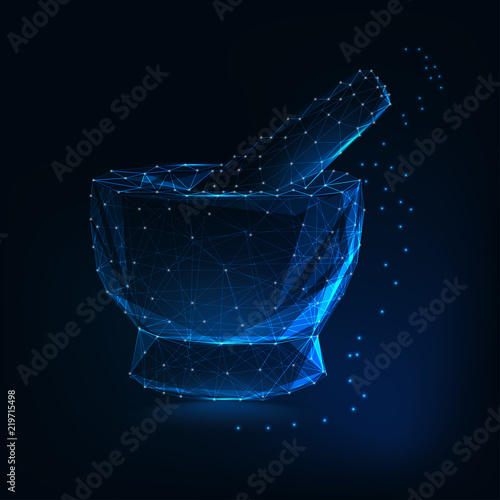 Medical mortar and pestle made of lines, dots, triangles, stars on dark blue background.
