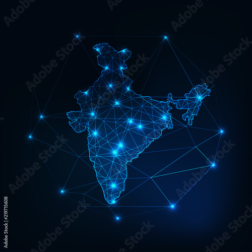 India map glowing silhouette outline made of stars lines dots triangles, low polygonal shapes.