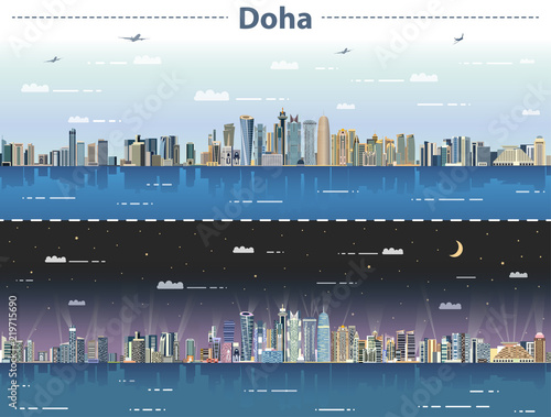 Doha skyline at day and night vector illustration