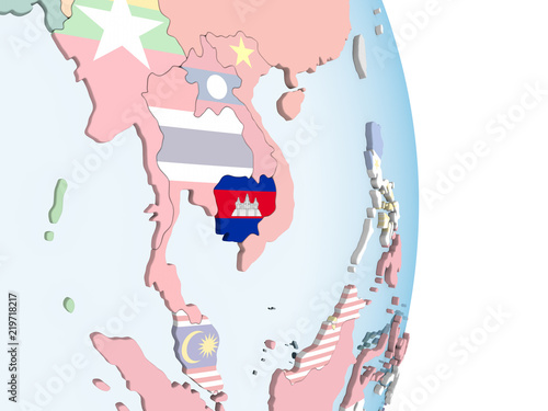 Cambodia with flag on globe © harvepino