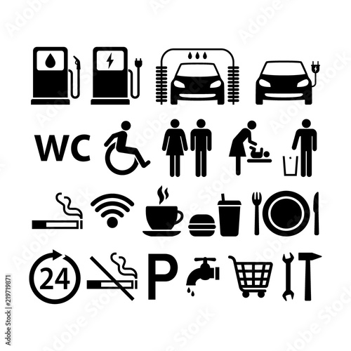 Gas station icons set. Gas station black isolated symbols. Fuel station icons.