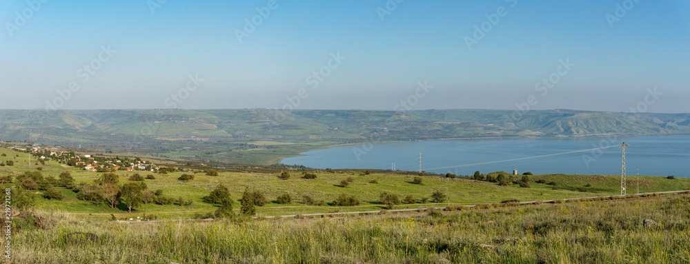Golan Heights and Sea of Galilee in Israel at foggy spring day. Golan Heights and Sea of Galilee in Israel at foggy spring day.